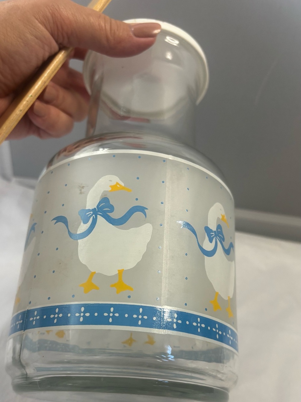 Vintage Country Geese with Blue Ribbon Glass Pitcher with Lid